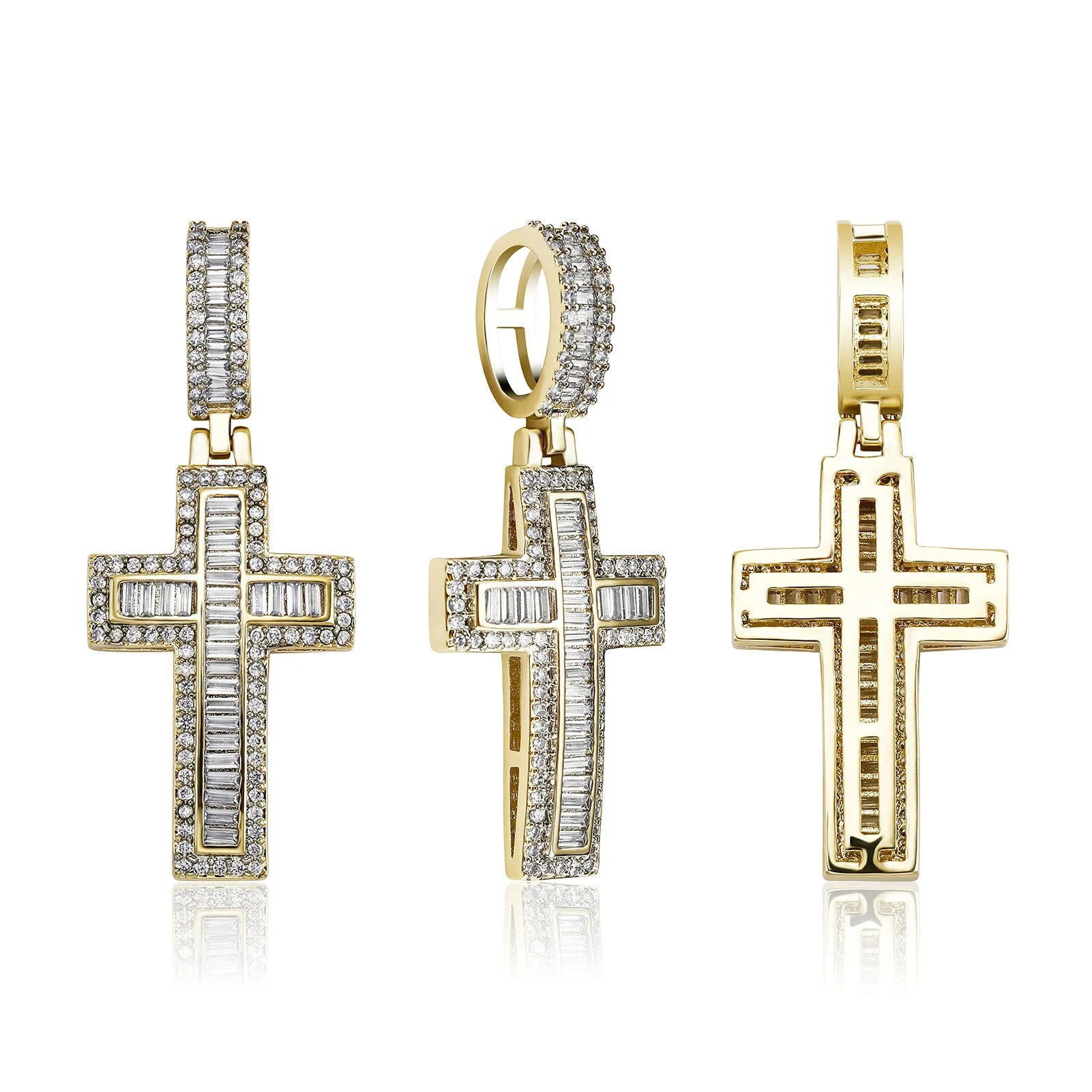 New design zircon baguette cross pendant thick brass gold plated pendant iced out jesus cross necklace jewelry