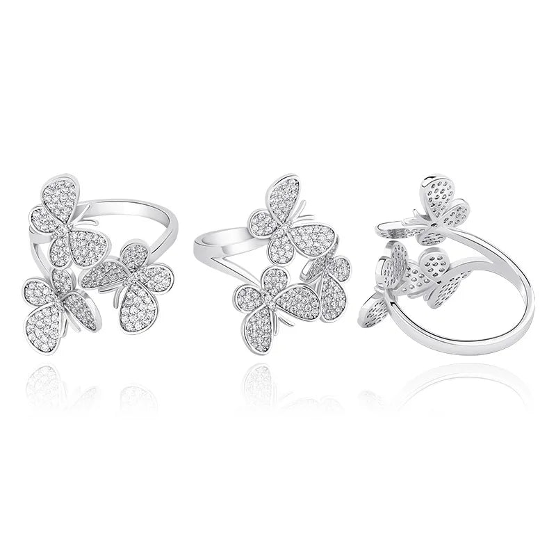 Latest trendy cubic zirconia rhinestone imperial engagement women 3 butterflies finger ring 925 sterling silver butterfly rings