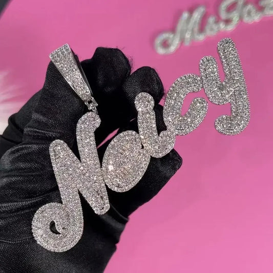 Hip Hop Jewelry Custom Brush Cursive Letter Two Tone Name Necklace Pendant Personalised Diamond Chain