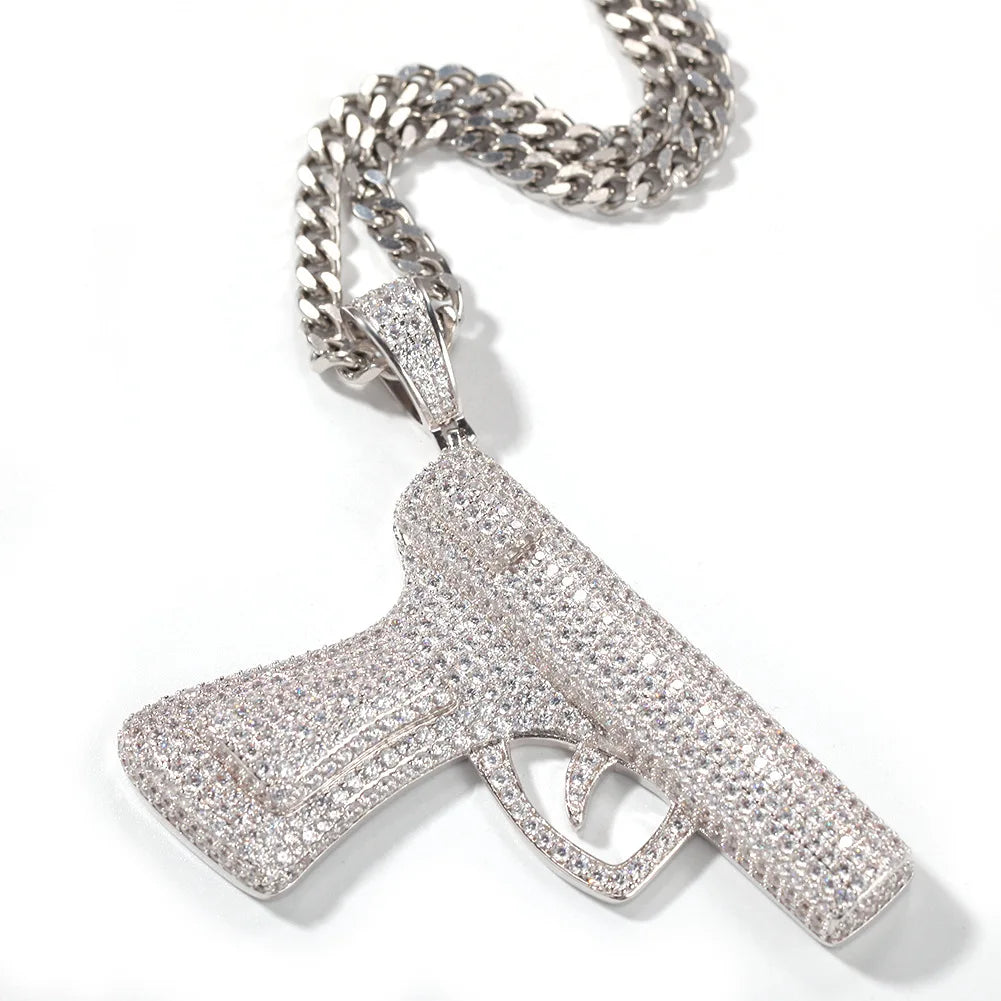 All lab diamond thick white gold 14k gold plating big siz gun bling bling iced out pendant necklace hip hop Pistol man necklace