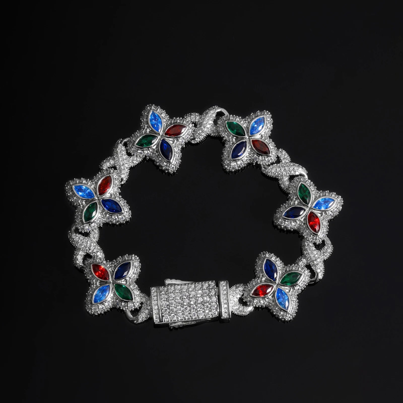 New Design Hip Hop Pink White Colorful CZ Clover Bracelet Necklace Brass Iced Out Flower 5A Zircon Diamond Cuban Chain