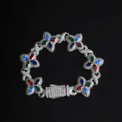 New Design Hip Hop Pink White Colorful CZ Clover Bracelet Necklace Brass Iced Out Flower 5A Zircon Diamond Cuban Chain