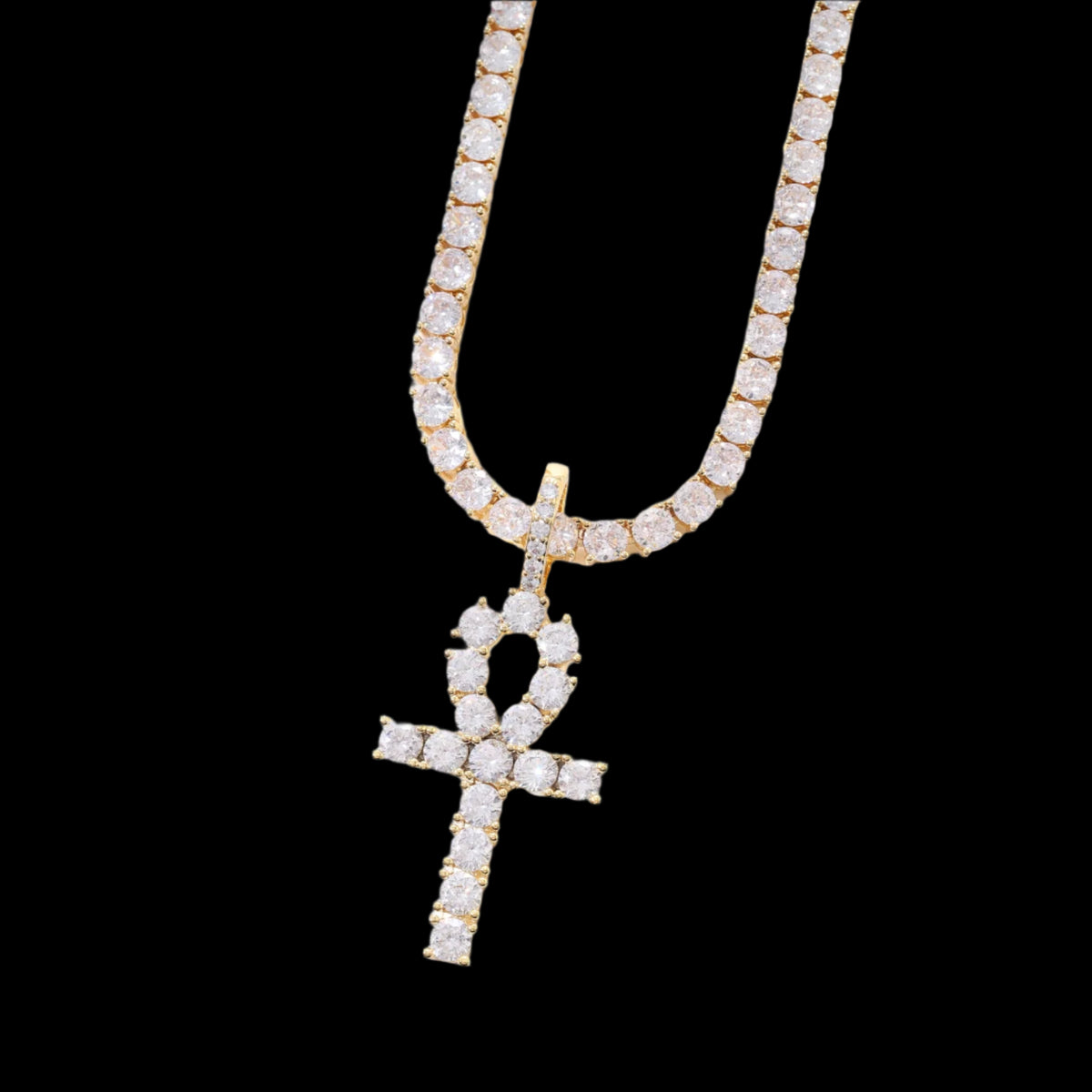 Ice Stone Hip Hop 18K Gold CZ Ankh Pendant Necklace