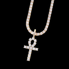 Ice Stone Hip Hop 18K Gold CZ Ankh Pendant Necklace