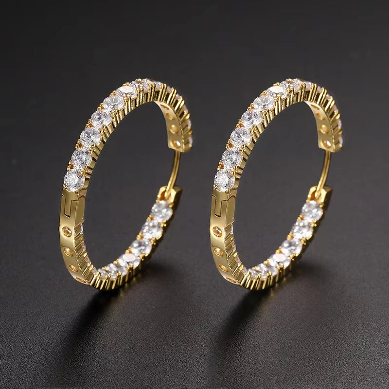Ice Stone Hip Hop Fashion Brass Gold Plated Diamond Hoop Earrings