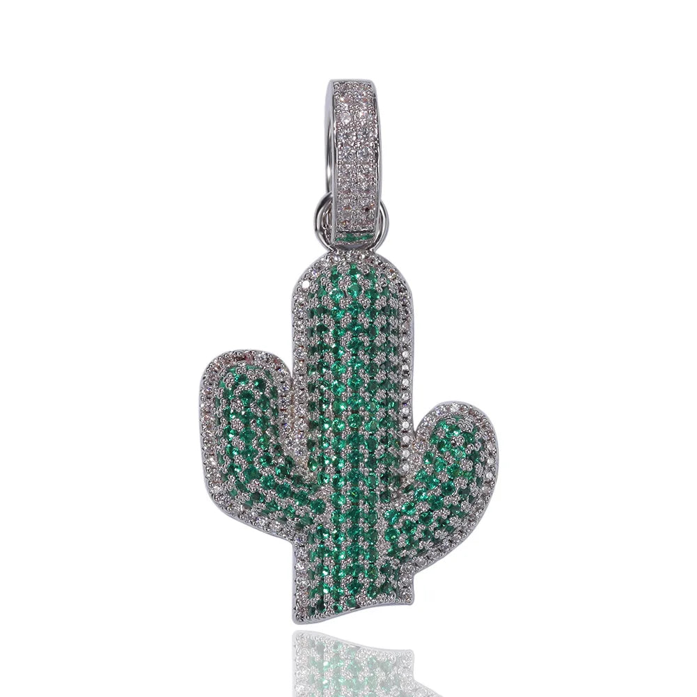New Arrival fashion full drill zircon diamond pendant necklaces green natural plant Cactus hip hop rap rock pendant men jewelry