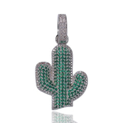 New Arrival fashion full drill zircon diamond pendant necklaces green natural plant Cactus hip hop rap rock pendant men jewelry