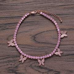 Ice Stone 8mm Pink Cuban Chain CZ Bling Hip Hop Butterfly Anklet Jewelry