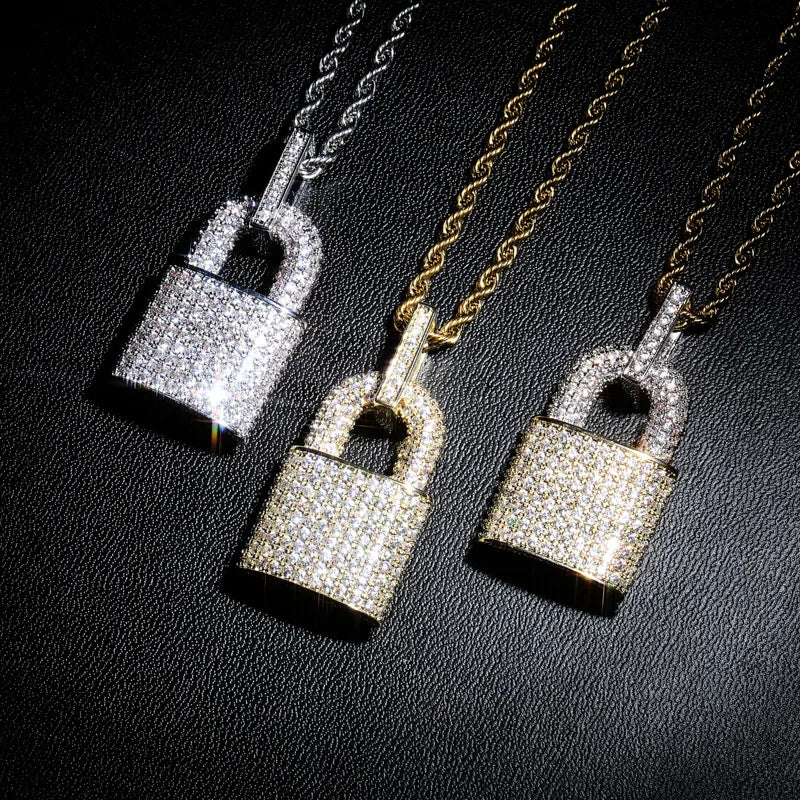 Iced Out 14k Gold White Gold Iced out Charm Pendant Necklace Delicate Lock Cubic Zirconia New Design Lock Padlock Necklace