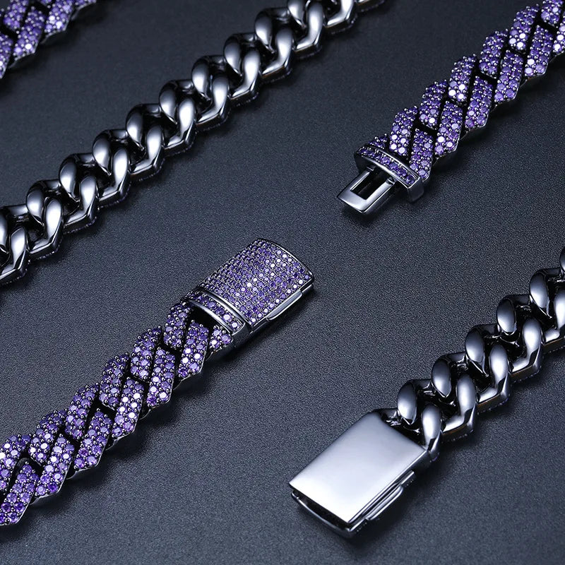 Brass 5A Purple Cubic Zircon Special Color Cuban Link Chain Rhodium Plated 14mm Two Rows Cuban Link Chain Urban Jewelry