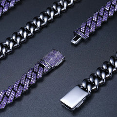 Brass 5A Purple Cubic Zircon Special Color Cuban Link Chain Rhodium Plated 14mm Two Rows Cuban Link Chain Urban Jewelry