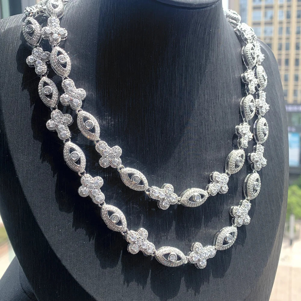 Fashion Design Evil Eye Cross Cuban Chain Brass With 18K Gold Plated 5A Zircon Necklace Iced Out Jewelry for Women Men