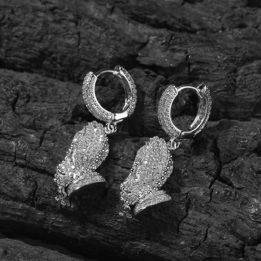 Ice Stone Christian Praying Hands Hoop Mini Cross Drop Earrings