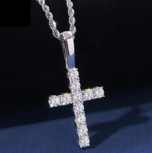 Fine 925 Sterling Silver Clear Cross Pendant Luxury Sparkling VVS D Moissanite Diamond Pendant  Necklace for Unisex