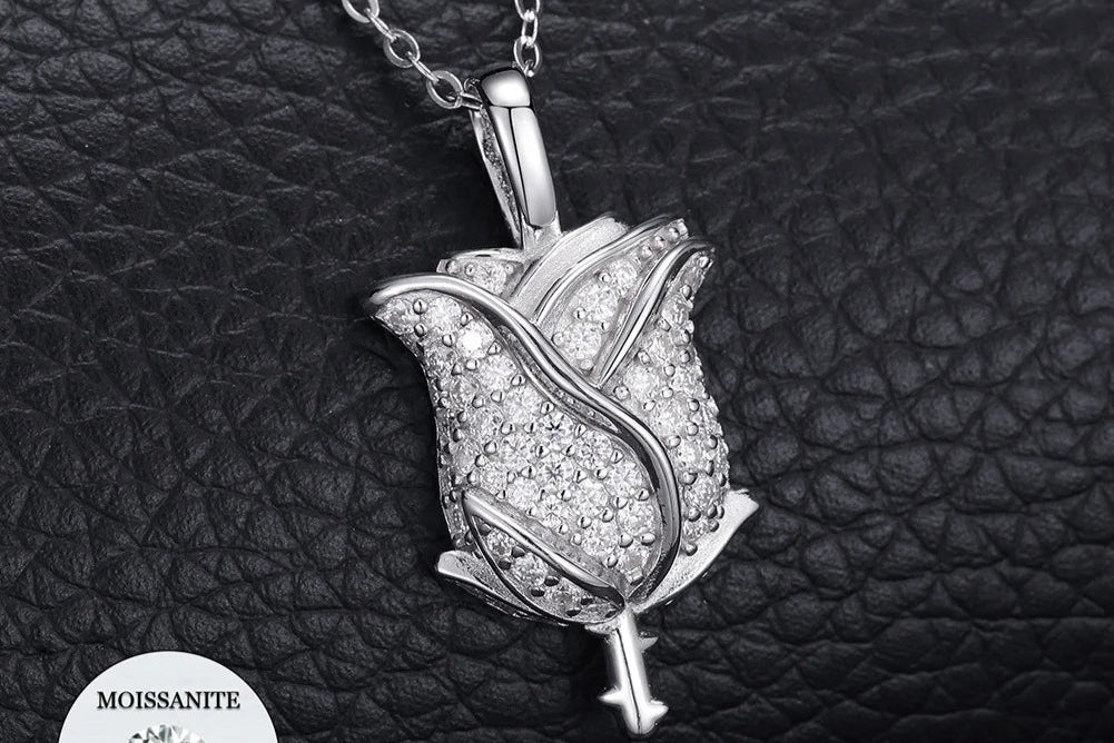 Moissanite 925 Sterling Silver Rose Pendant Iced Out Moissanite Pendant Pass Diamond Tester Silver Necklace  Women Jewelry