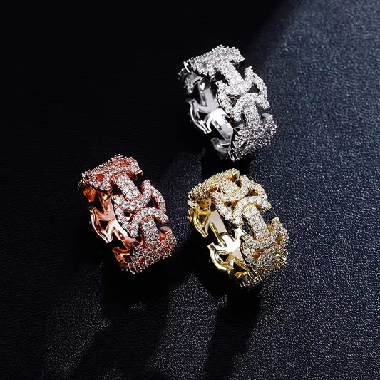 Ice Stone Hip Hop Real Gold Plated CZ Cuban Link Rings