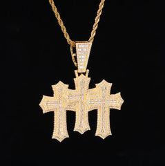 Ice Stone 2025 Fashion Baguette Triple Cross CZ Pendant Necklace