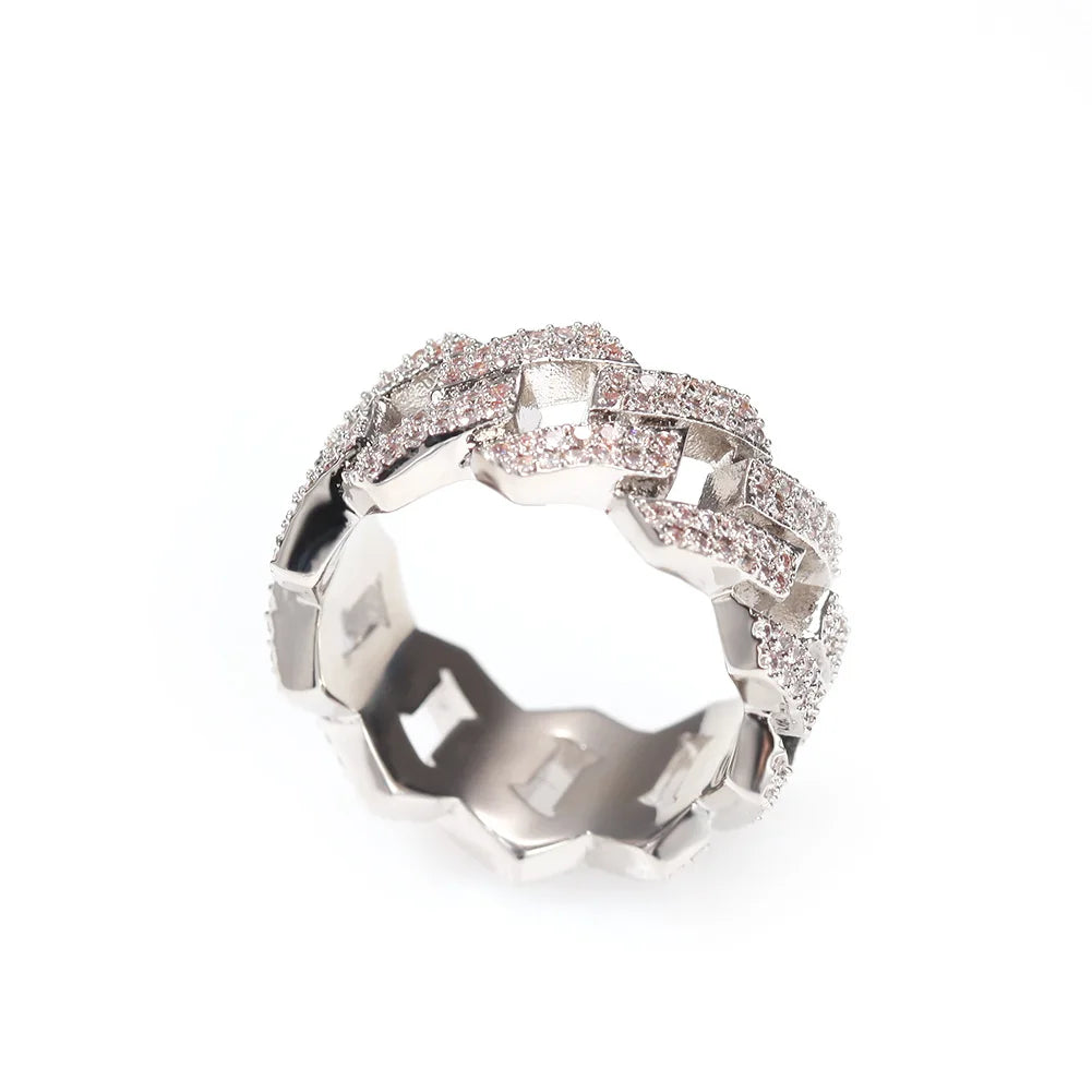 Hot selling 18k gold prong cuban ring White gold full AAA CZ cuban link chain ring hip hop traditional miami cuban link ring