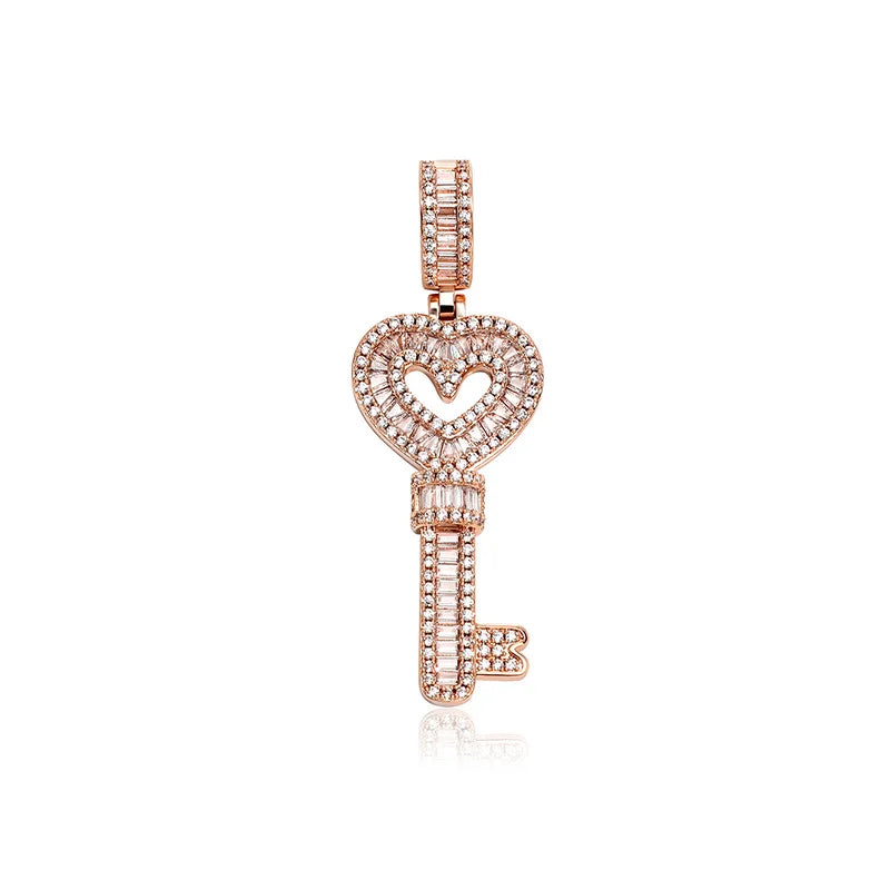 Top Icy Hip Hop Jewelry AAA CZ 18K Gold Plating  Key Pendant Iced Out Pendant Necklace for Men and Women