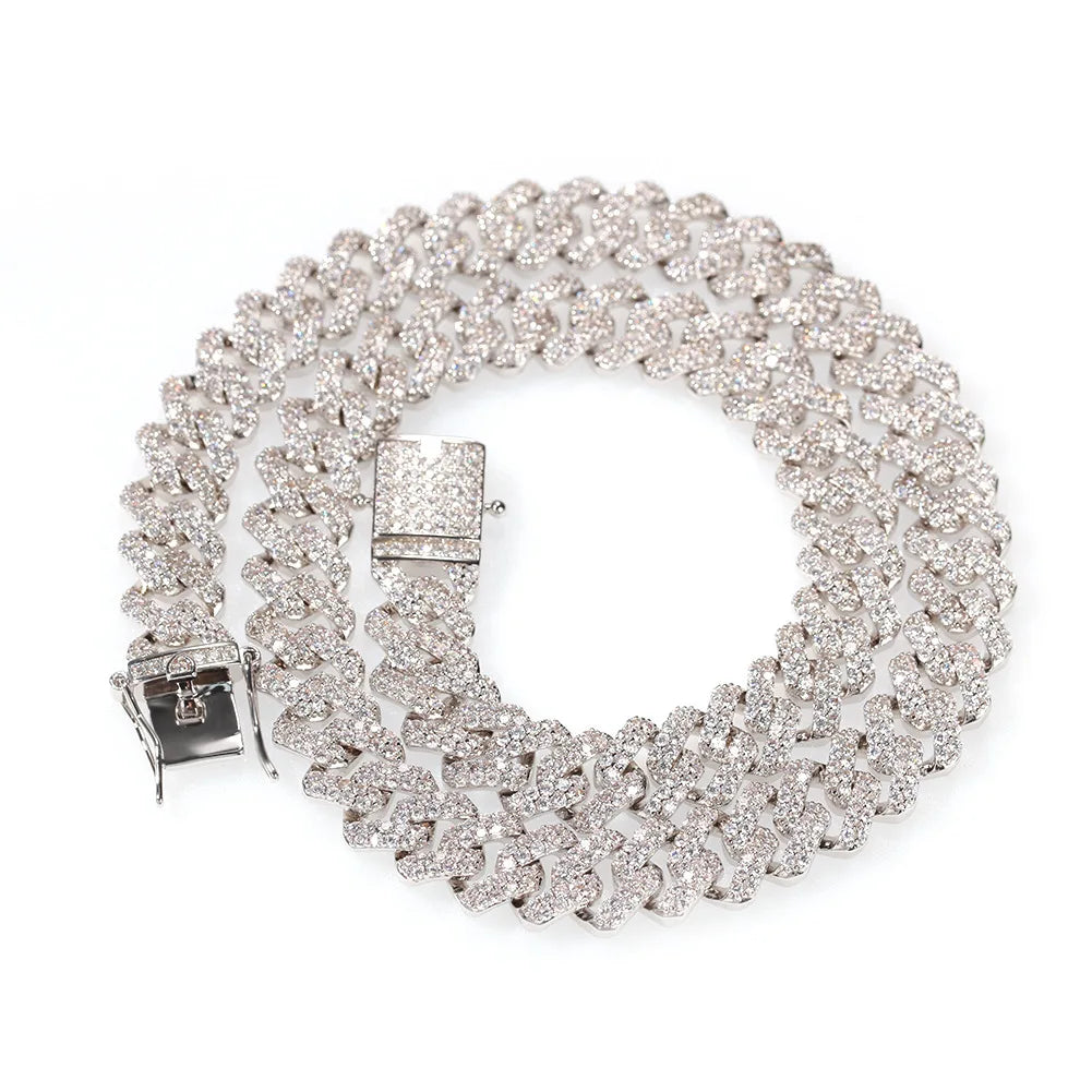 INS Hot Selling 12mm Cubic Zircon 2 Rows Prong Cuban Chains Iced Out 14k Gold White Gold Women Men Cuban Chain Hip Hop Jewelry