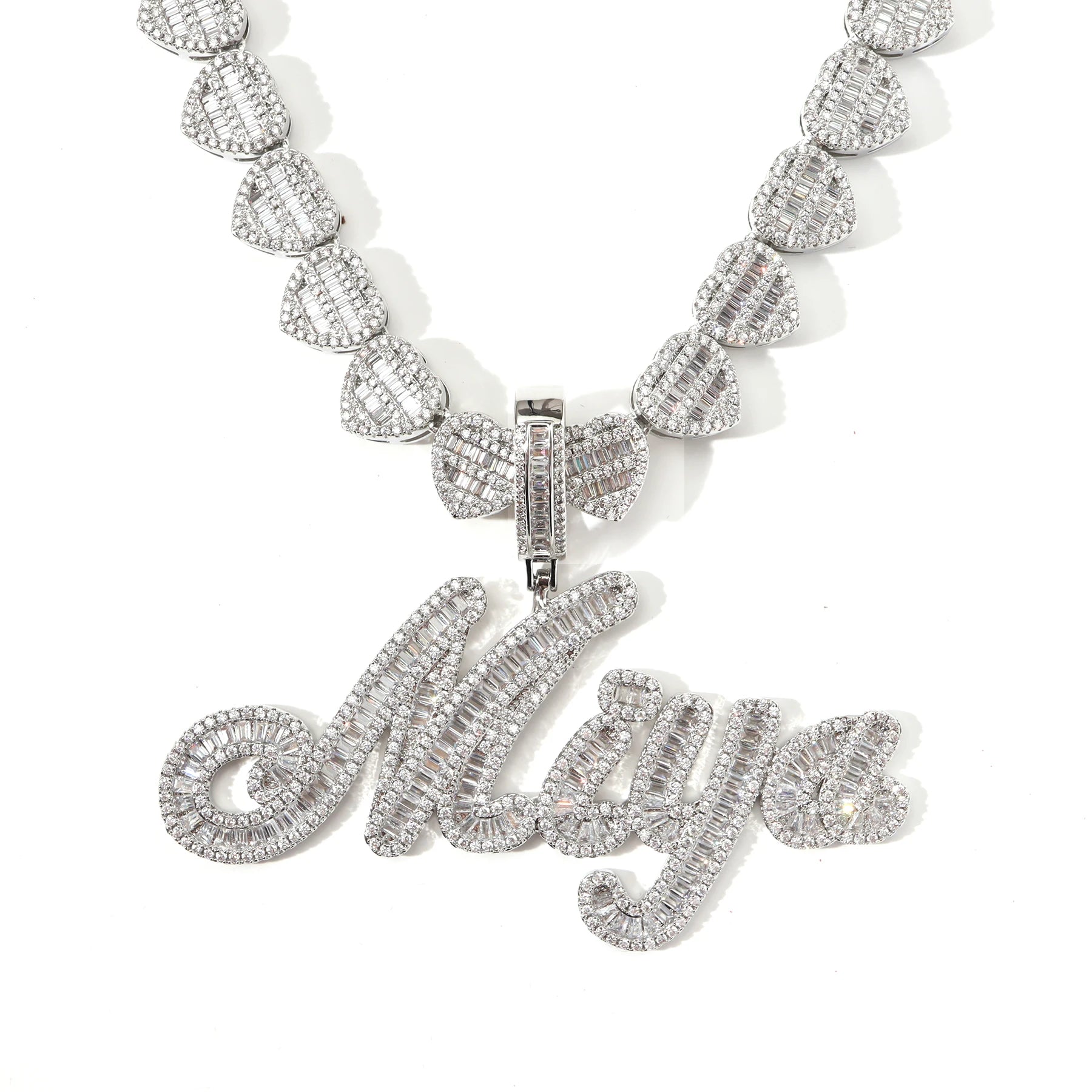 Brush font baguette 5A zircon micro setting 18k gold plating heart tennis chain custom name necklace charm set iced out jewelry