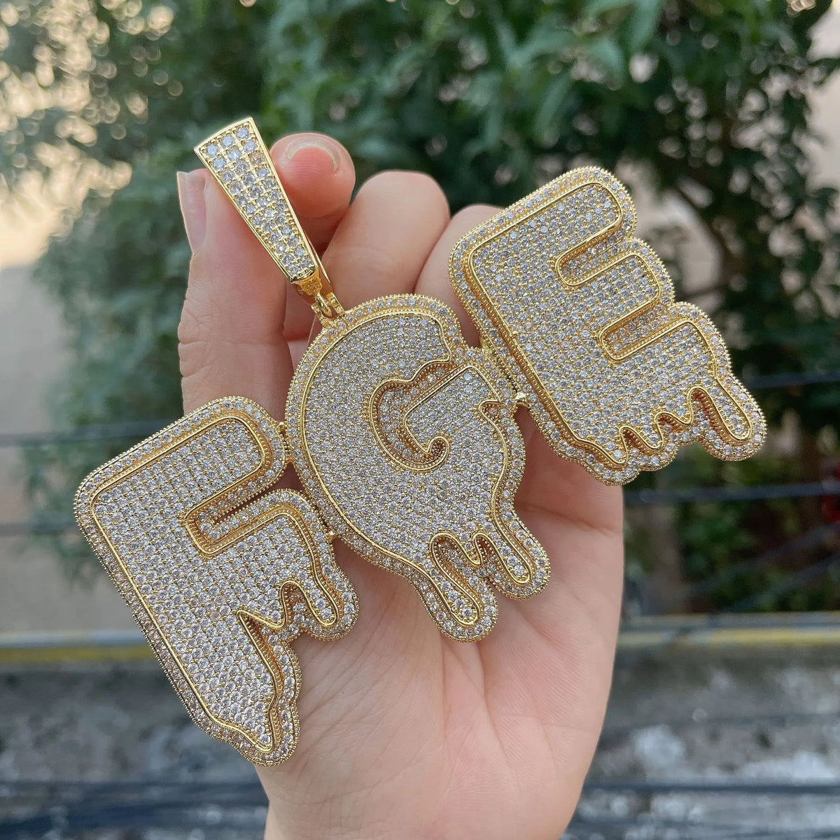 Hip Hop jewelry water drop double layer super icy 18k gold big name number necklace rapper rock necklace jewelry for man