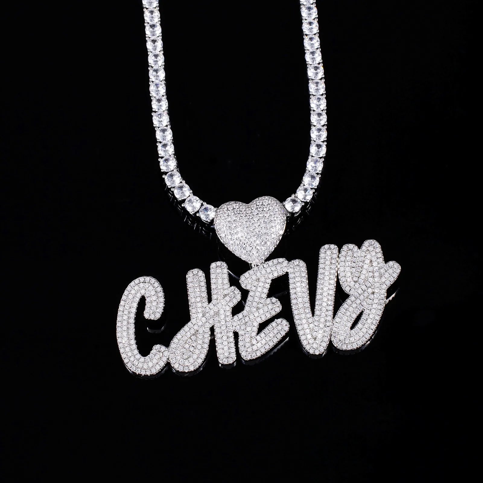 Hip Hop Women  Custom Letter Pendant Name Necklace Logo Iced Out Bling Personalised Heart Necklace Charm Christmas Gift