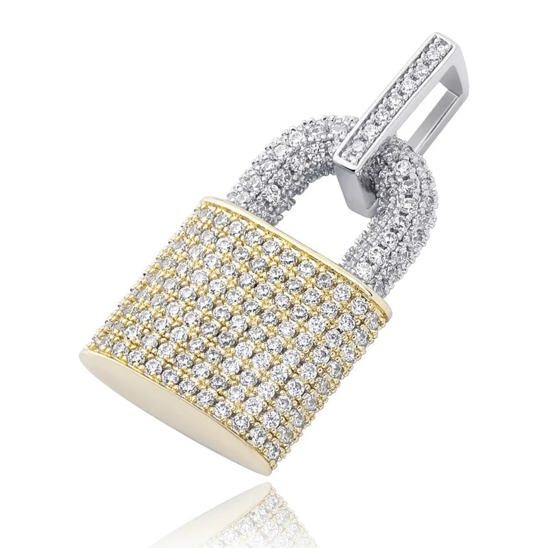 Iced Out 14k Gold White Gold Iced out Charm Pendant Necklace Delicate Lock Cubic Zirconia New Design Lock Padlock Necklace