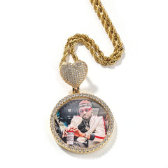 Heart Hook Circle Photo Pendant Iced Out Diamond Memorial Necklace Brass 18K Gold Plated 5A CZ Hip Hop Jewelry