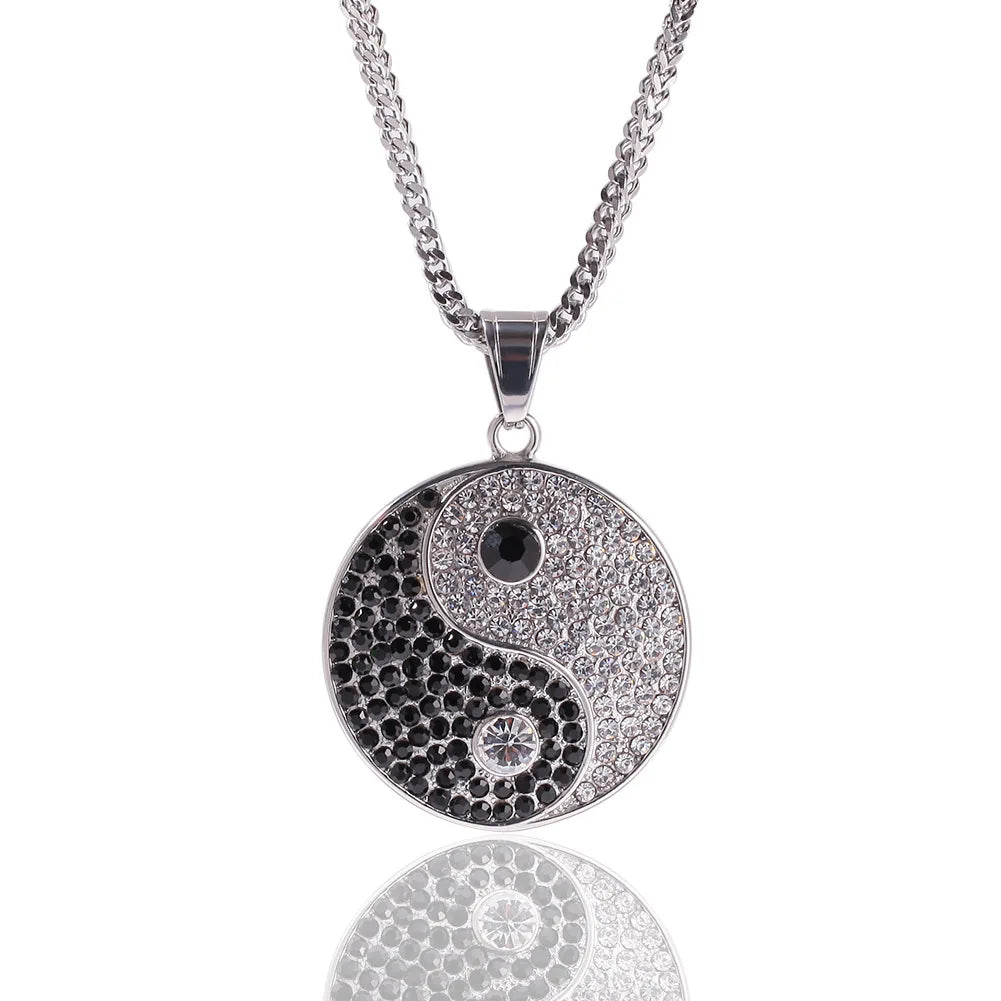 Yin Yang Tai Chi Pendants Necklaces for Men white black Round Stainless steel Ice Out Chinese Kungfu Hip Hop Rapper Jewelry