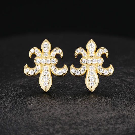 Solid Sterling Silver VVS Diamond Iced Fleur De Lis Petite Stud Earrings Pass Diamond Tester