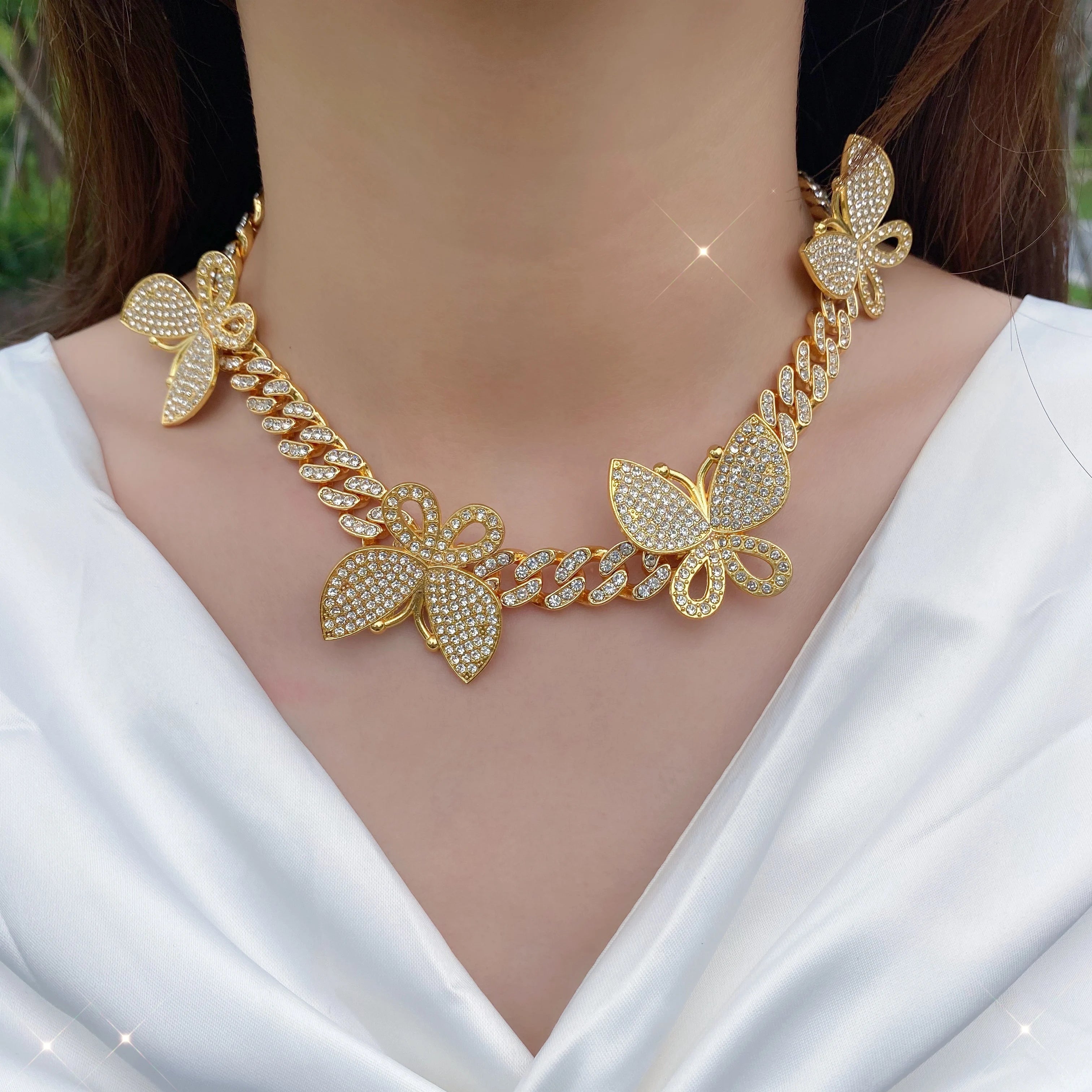 Luxury Personalized Hot Selling Hips Hops 12mm Bling Bling Rhinestone Crystal Rose Gold butterfly Cuban Link Necklace