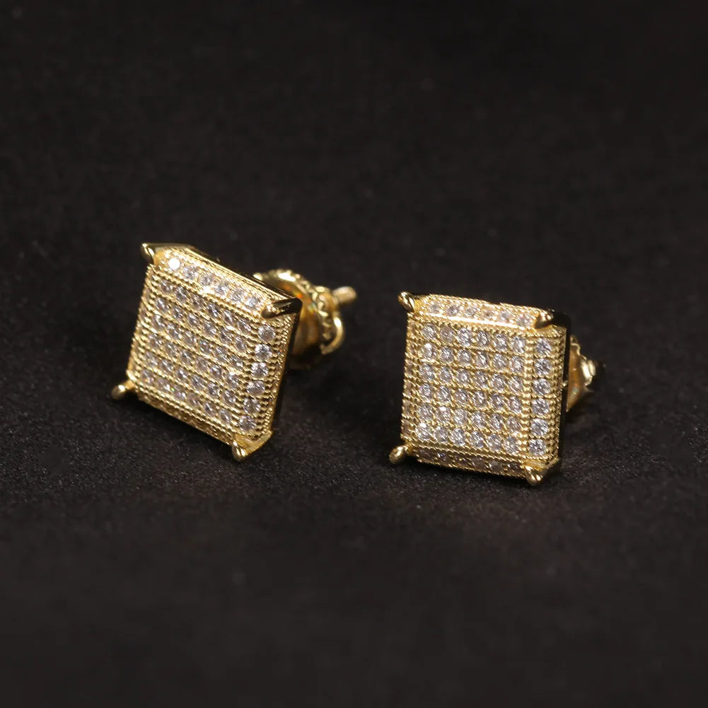Ice Stone 925 Silver 18k Gold Plated Diamond Square Hip Hop Earrings