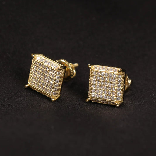 Ice Stone 925 Silver 18k Gold Plated Diamond Square Hip Hop Earrings