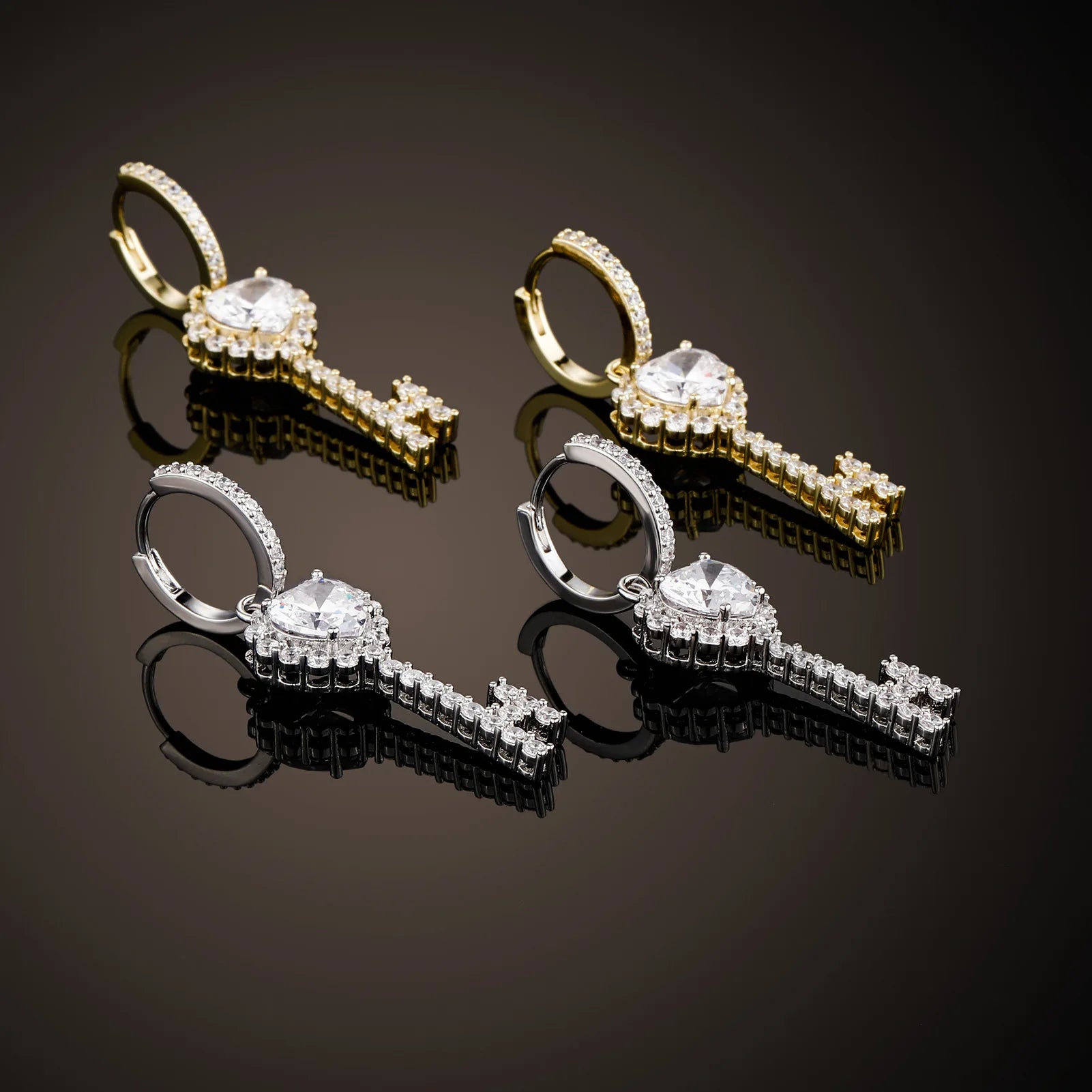 Ice Stone Hip Hop AAA CZ Gold Plated Heart Key Earrings