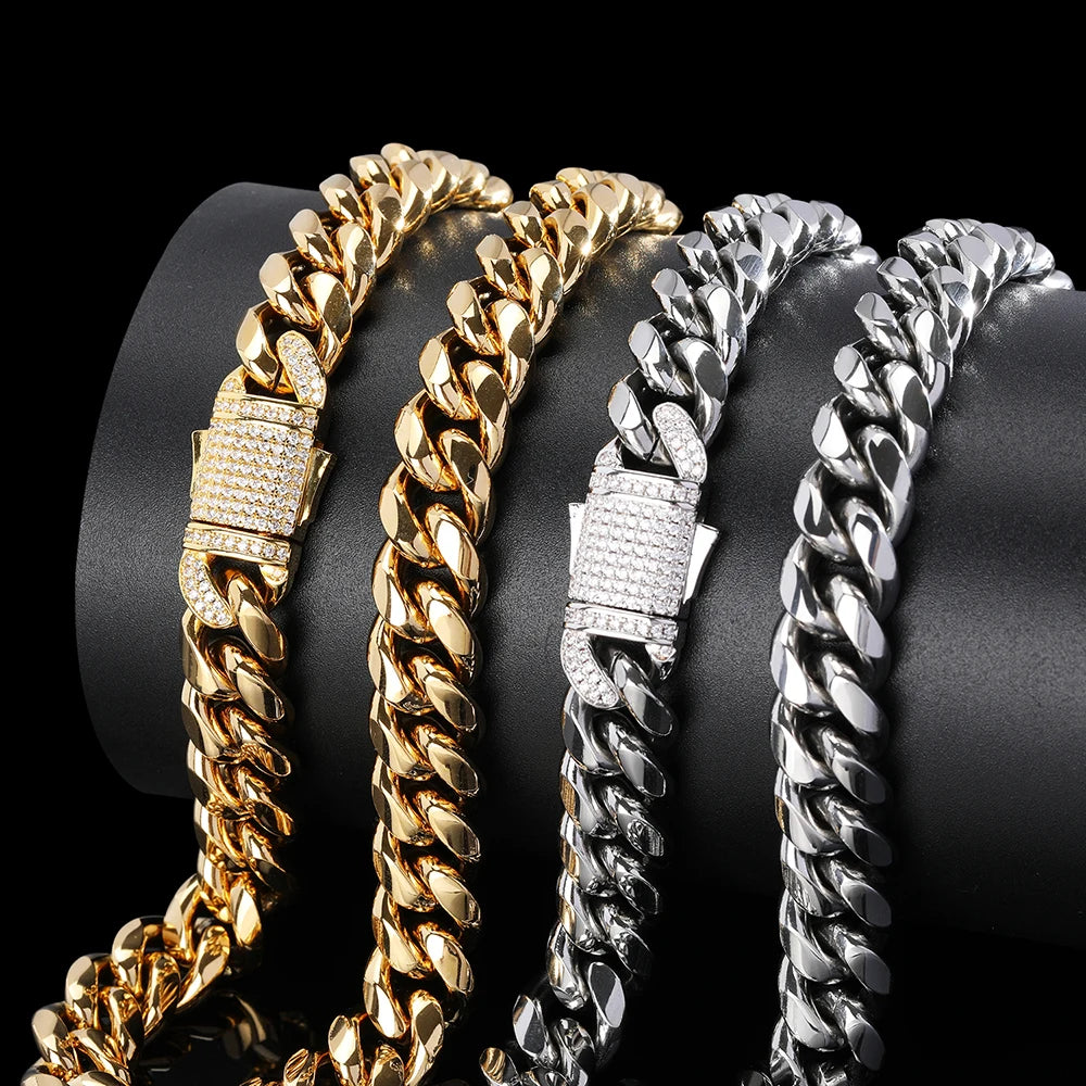 12mm Iced Out Clasp Spring Lock Stainless Steel Polished Shiny Cuban Link Chain Hip Hop Jewelry Mens Rock Cuban Chain