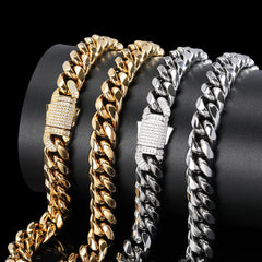 12mm Iced Out Clasp Spring Lock Stainless Steel Polished Shiny Cuban Link Chain Hip Hop Jewelry Mens Rock Cuban Chain