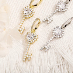 Ice Stone Hip Hop AAA CZ Gold Plated Heart Key Earrings
