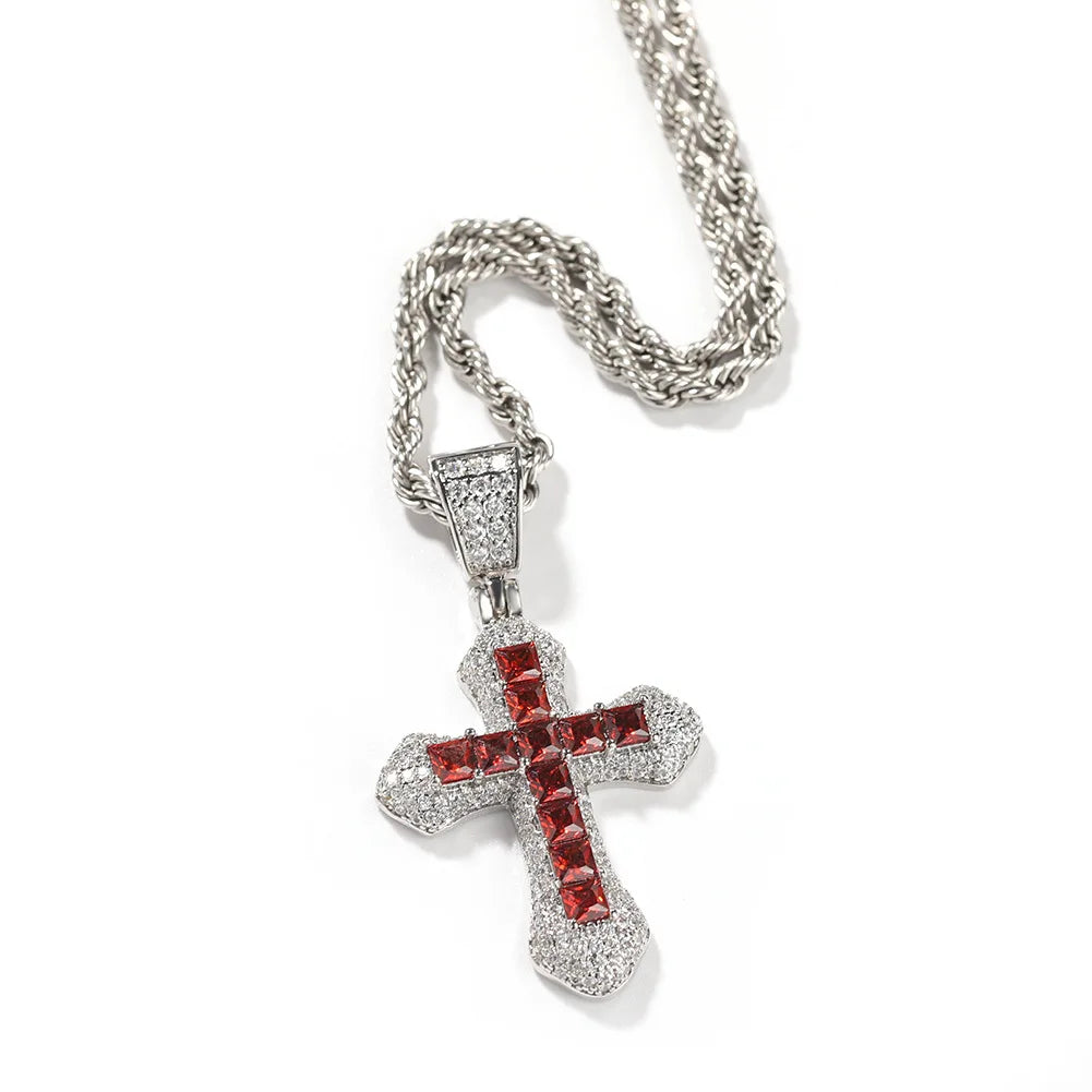 CZ Blue Red white gold cross pendant AAA baguette CZ hip hop iced out cristal religion cross pendant necklace