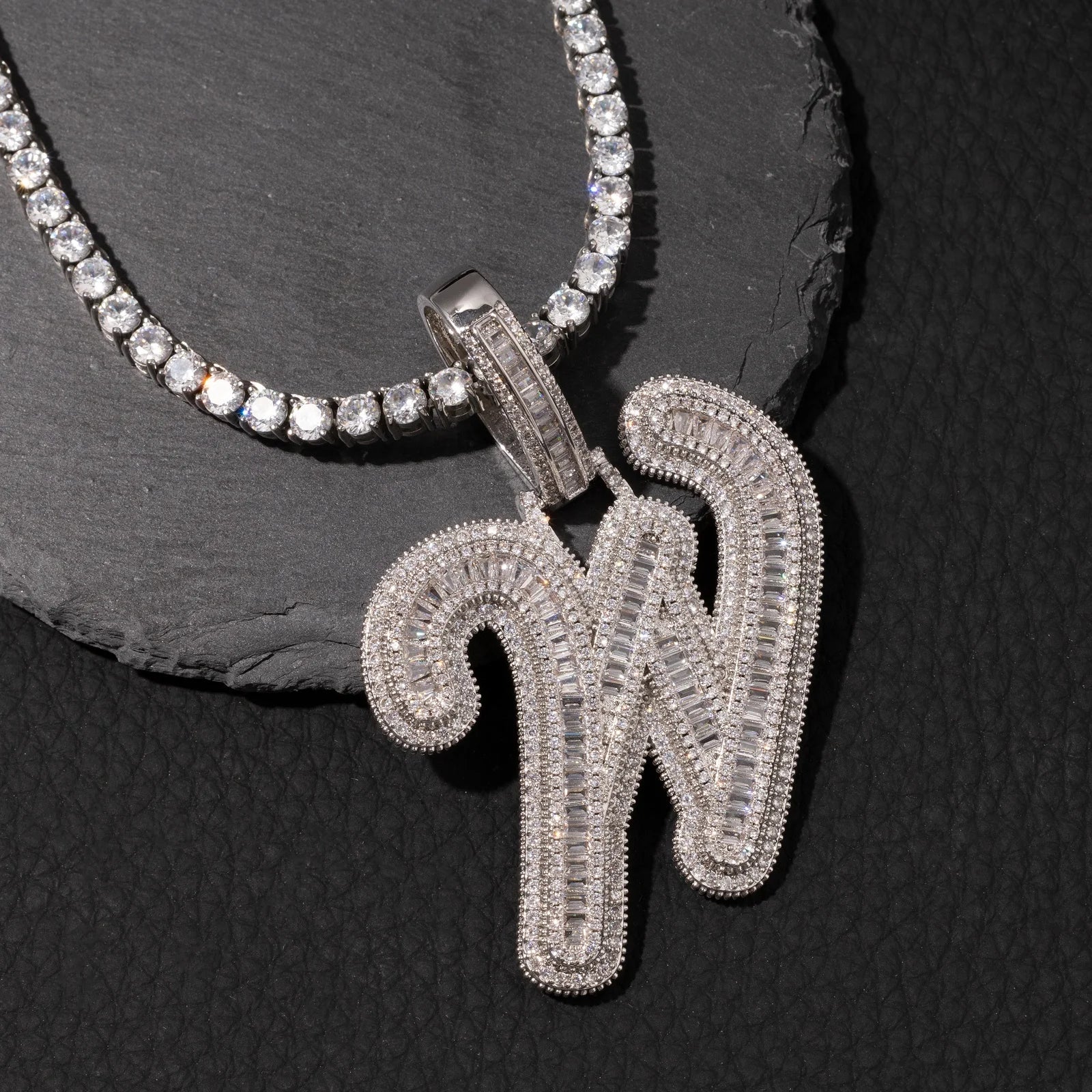 Top Icy Big Initials Cursive Letter Pendant Necklace Gold Color Baguette Letter Jewelry Gift A-Z