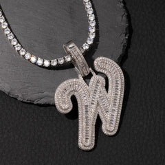 Top Icy Big Initials Cursive Letter Pendant Necklace Gold Color Baguette Letter Jewelry Gift A-Z