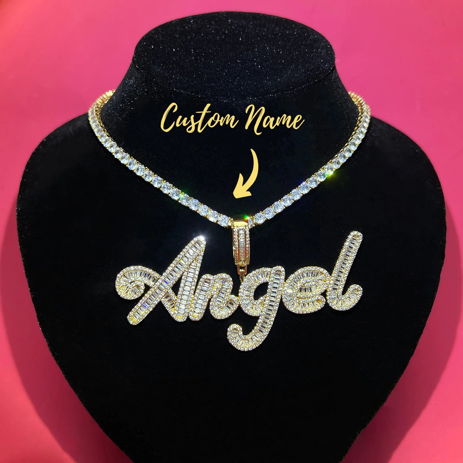 Baguette Custom Name Tennis Chain Necklace with Name 18K Gold Plated CZ Bling bling name plate chain necklace