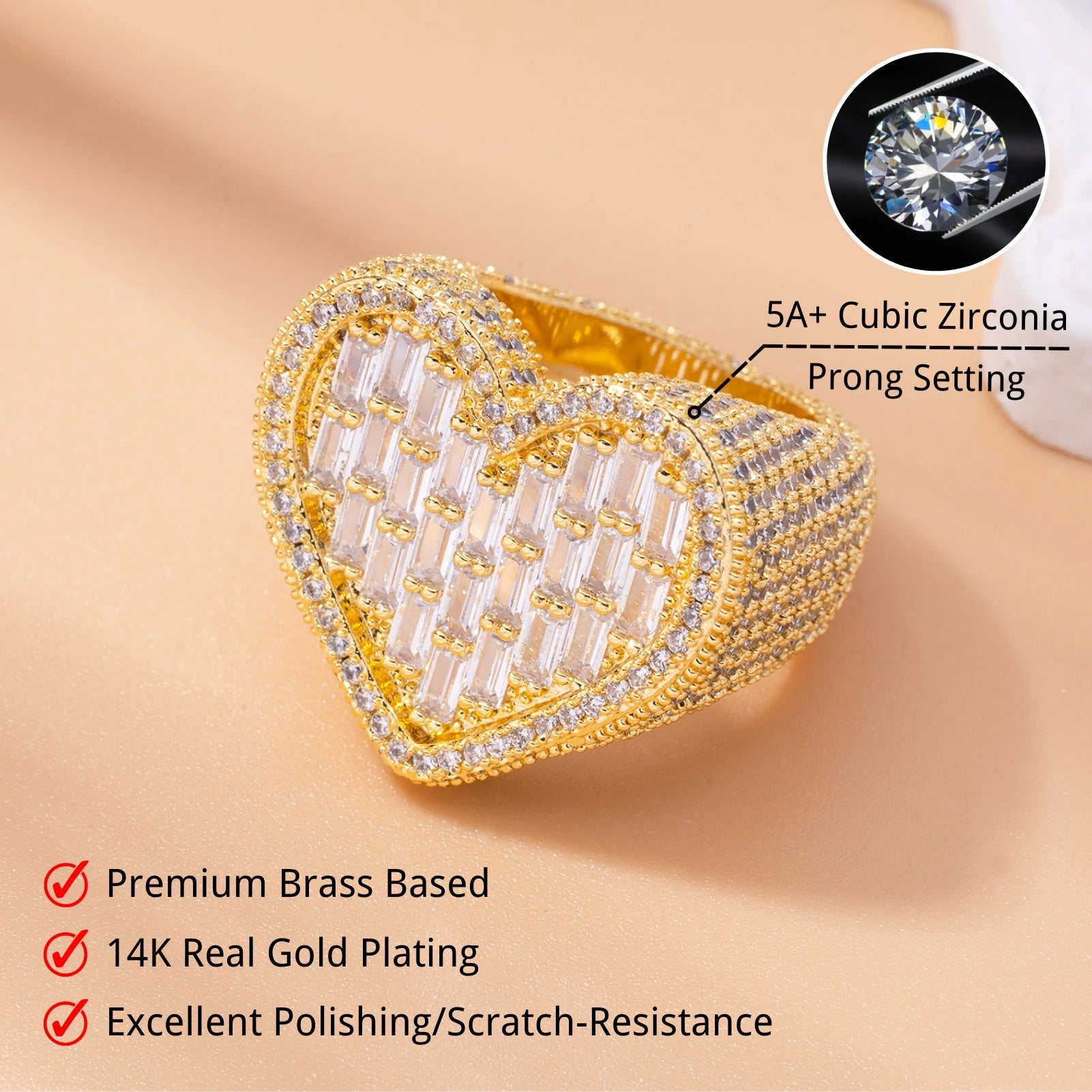 Top Icy Shiny Baguette Heart Rings Jewelry Women Iced Out Diamond Ring Hip Hop Brass 18K Gold Plated 5A CZ Engagement Ring