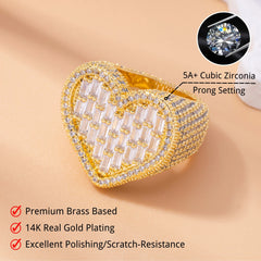 Top Icy Shiny Baguette Heart Rings Jewelry Women Iced Out Diamond Ring Hip Hop Brass 18K Gold Plated 5A CZ Engagement Ring