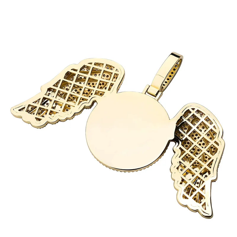Hip Hop Memory Custom Photo Pendant Necklaces Iced Out Big Wings Circle Custom Picture Pendants for Men Women