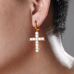 Ice Stone CZ Iced Out 18K Gold Cross Earrings