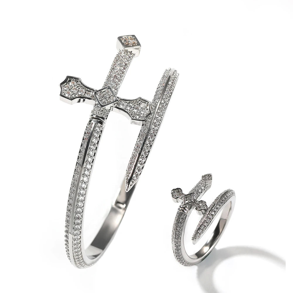 Iced Out Bling Women 5A CZ Sword Bangle Bracelet Ring Jewelry Set Hip Hop Fashion Women Sword Design Ring Jewelry Set