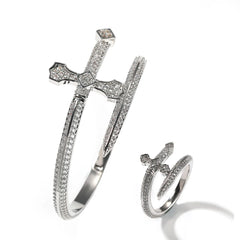 Iced Out Bling Women 5A CZ Sword Bangle Bracelet Ring Jewelry Set Hip Hop Fashion Women Sword Design Ring Jewelry Set