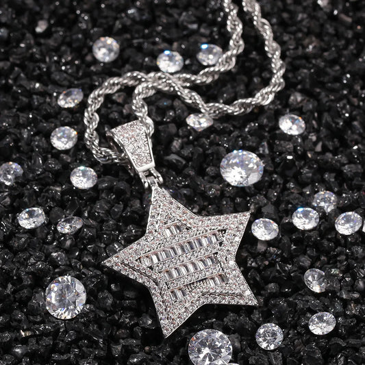 Copper brass 14k gold white gold thick plating AAA cubic zircon micro setting star five star pendant necklace iced out