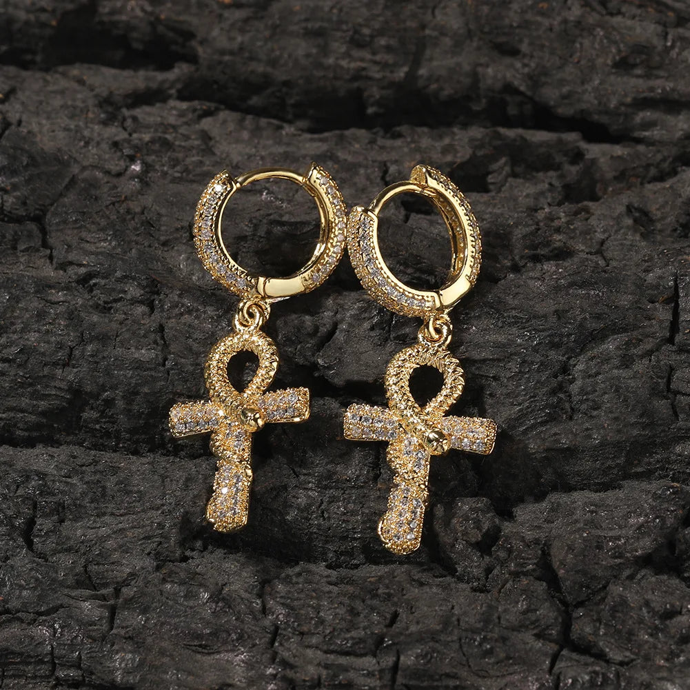 Ice Stone Iced Out Ankh Snake Cross CZ Hoop Earrings